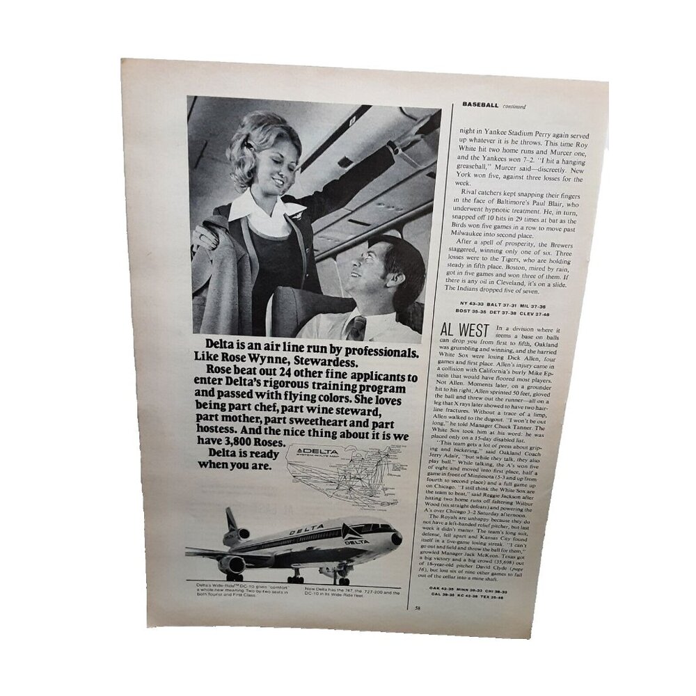 1973 Delta Airlines Stewardess Rose Wynee Airplane Original Print Ad 70s